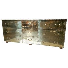 Retro Regency Industrial Nine-Drawer Riveted Brass Dresser by Sarreid