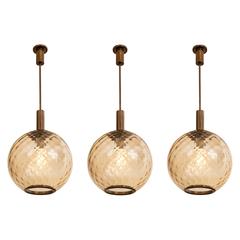 Venini Attributed, Set of 3 Murano Quilted Glass and Bronze Chandeliers