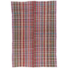 Vintage Tartan Design Colorful Anatolian Kilim Rug