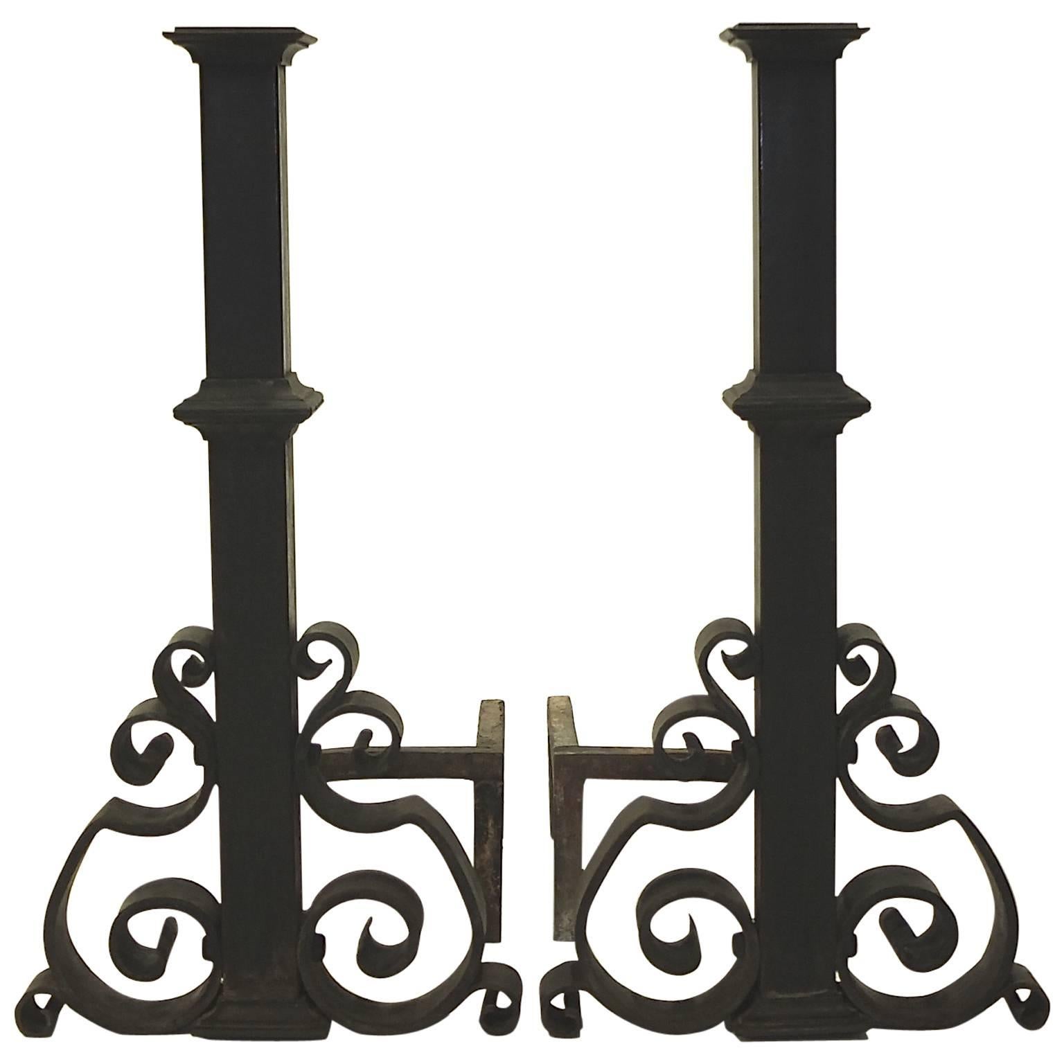 Antique Pair of Cast and Wrought Iron Andirons