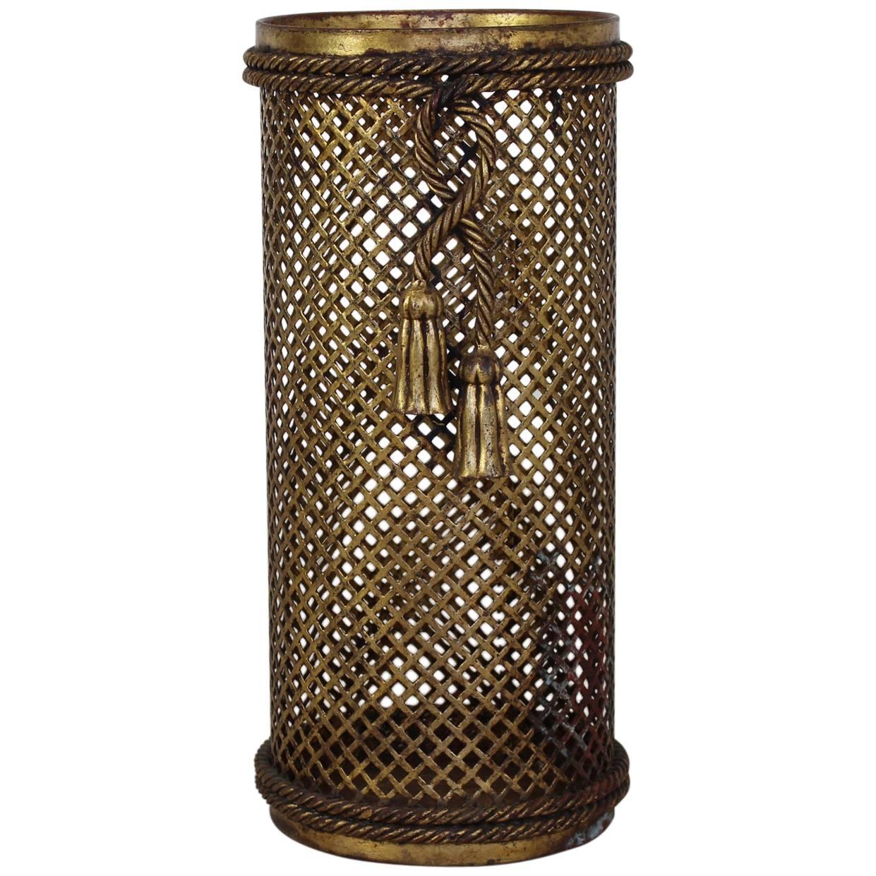 France Hollywood Regency Style Gilded Umbrella Stand with Drapery Cord