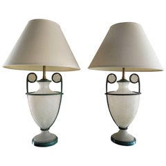 Pair of Rare Italian Lamps By Seguso Vetri D' Arte in Scarvo Glass and Verdigris