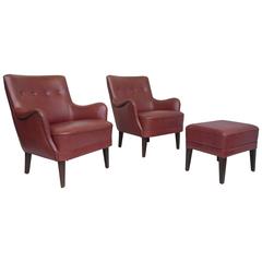 Pair of Danish Armchairs with Footstool in Chestnut Leather