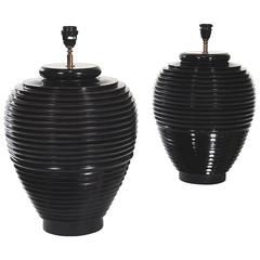 Pair of Large Ebonized Wooden Baluster Shaped Table Lamps