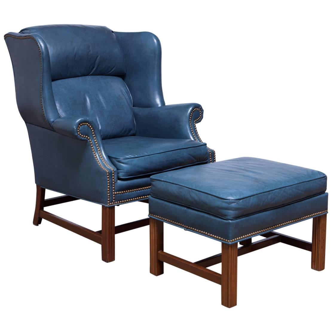 French Blue Chippendale Mahogany Wing Chair by Schafer Brothers