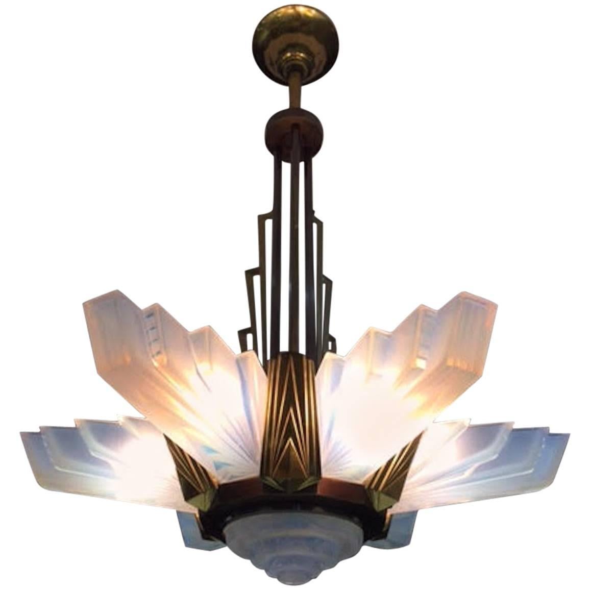 French Art Deco Skyscraper Chandelier Signed by Atelier Petitot