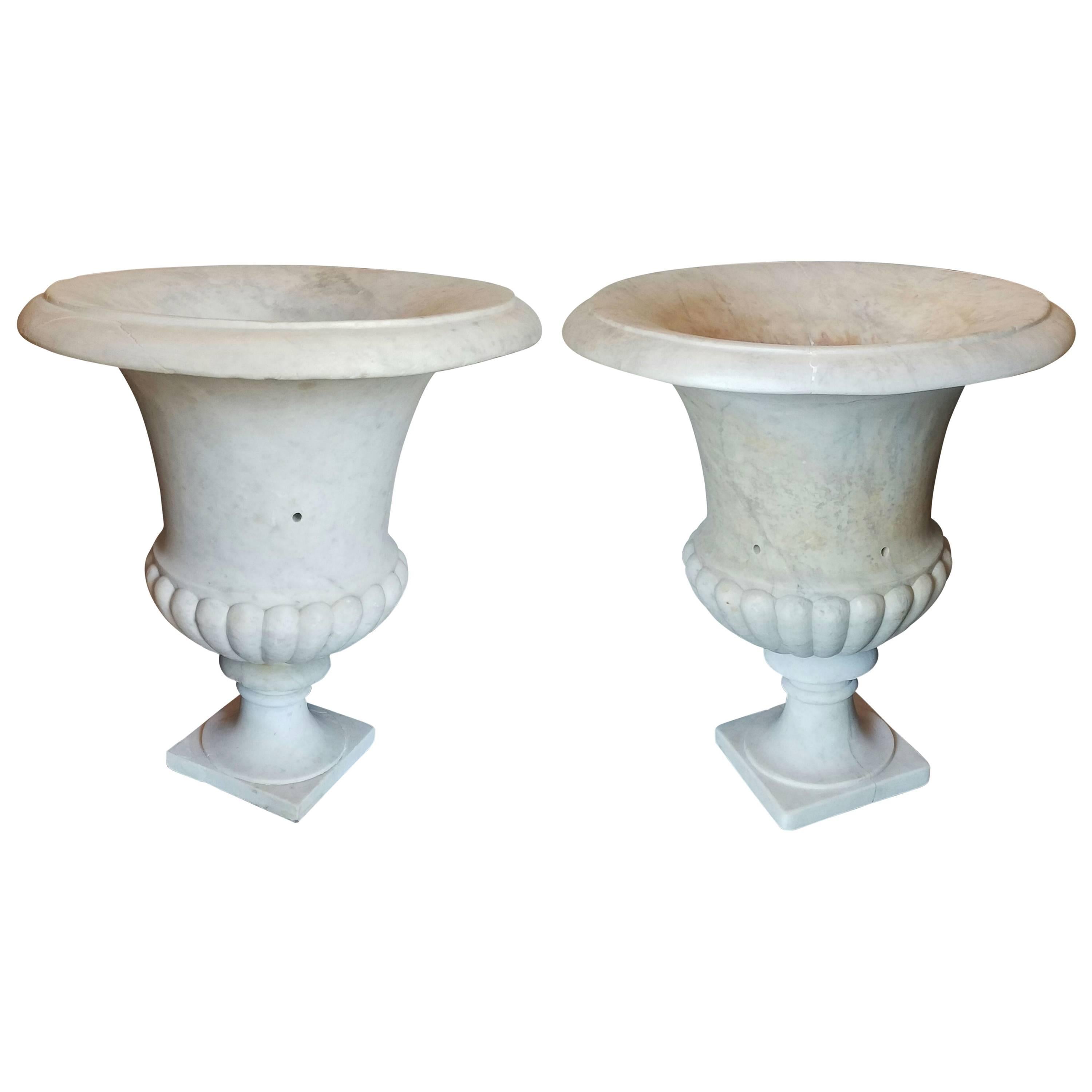 Large Pair of 19th Century Carved Marble Campana Form Garden Urns For Sale