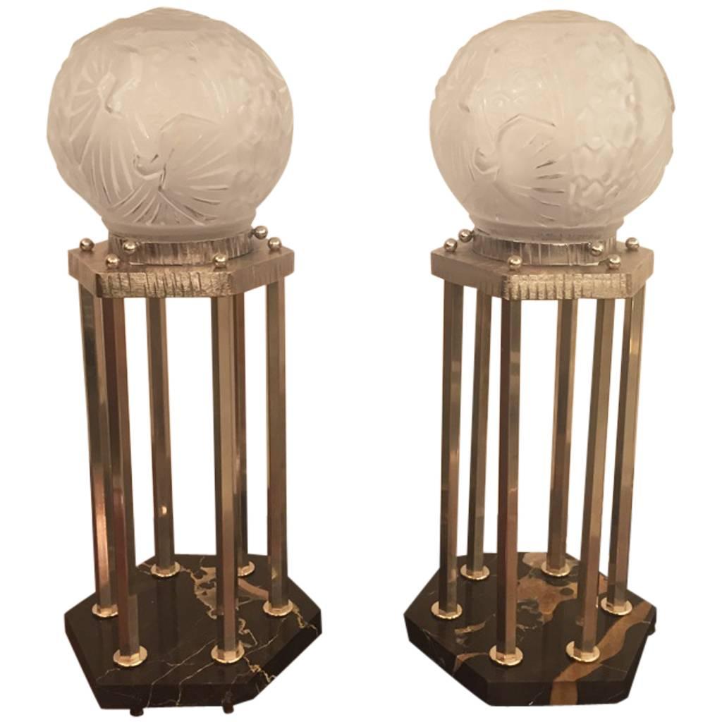 French Art Deco Pair of Table Lamps Signed by Muller Frères