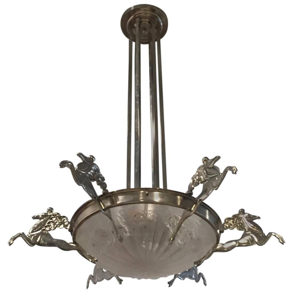 French Art Deco Chandelier Signed by Degue with Mythical Horses For Sale