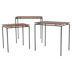 Minimalist Nesting Tables in Solid Iron and Teak Wood, circa 1950s