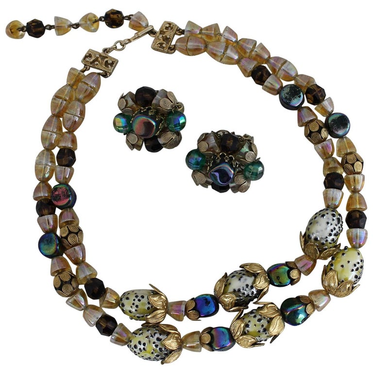 Vintage Hobé Double Strand Necklace with Glass Beads and Gold Tone