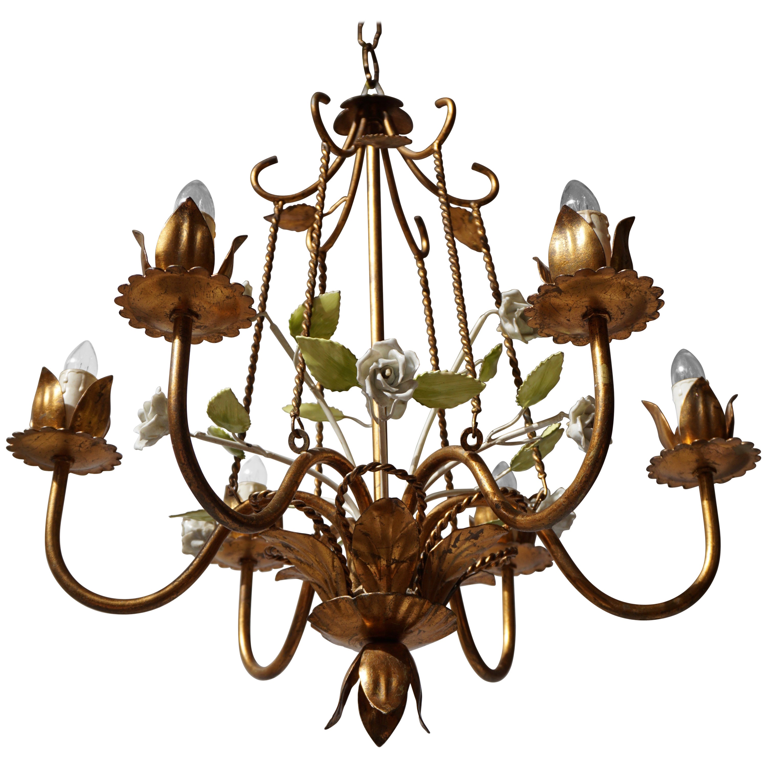 Elegant Chandelier in Brass with Glass Flowers For Sale at 1stDibs