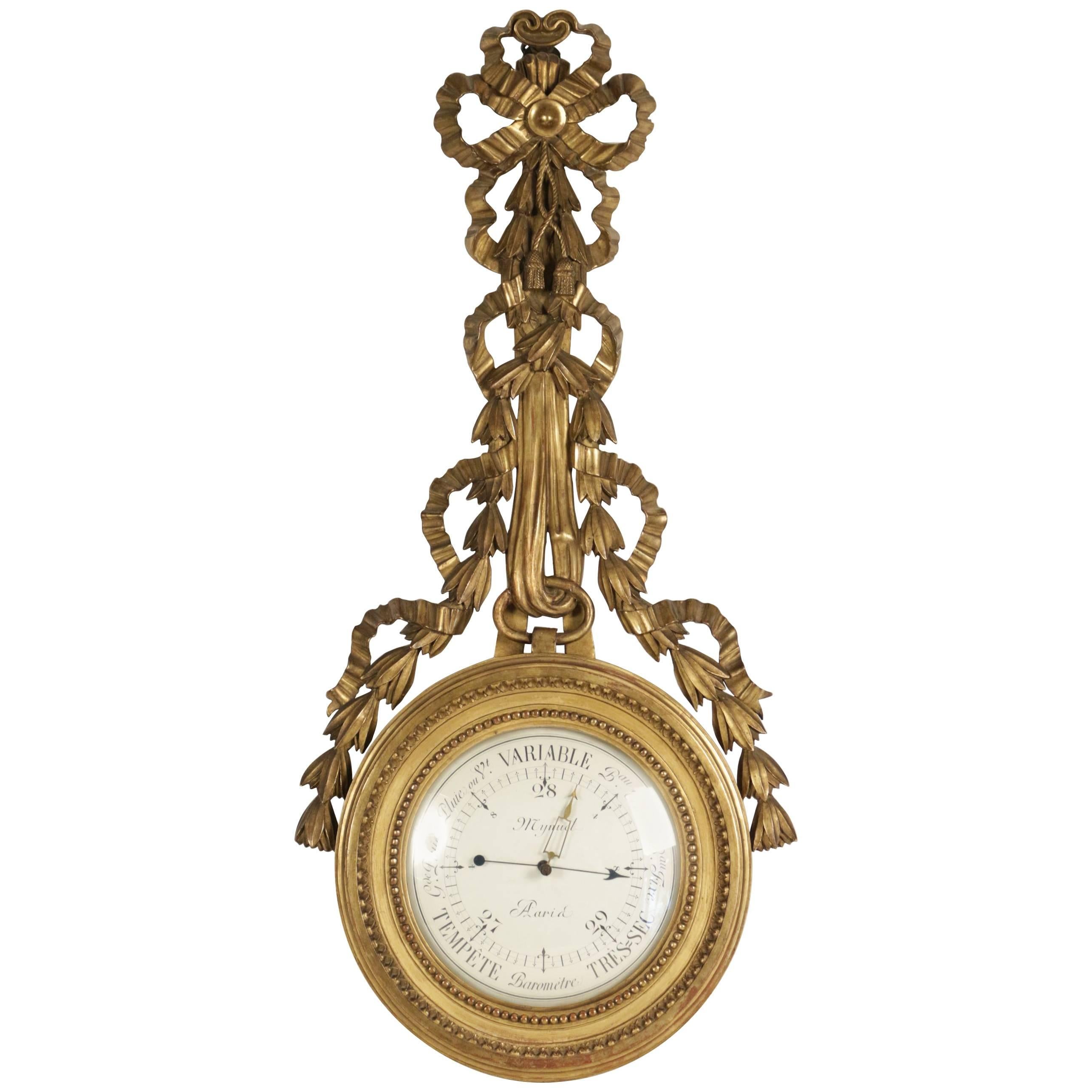 19th Century Barometer of Hand-Carved Gold Giltwood