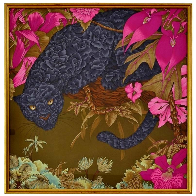 Framed Silk "Panther and Wild Pink Orchids and Flowers" Scarf, Hermès Style