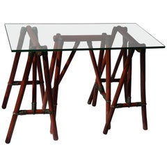 Side Table with Three Wooden Trestles