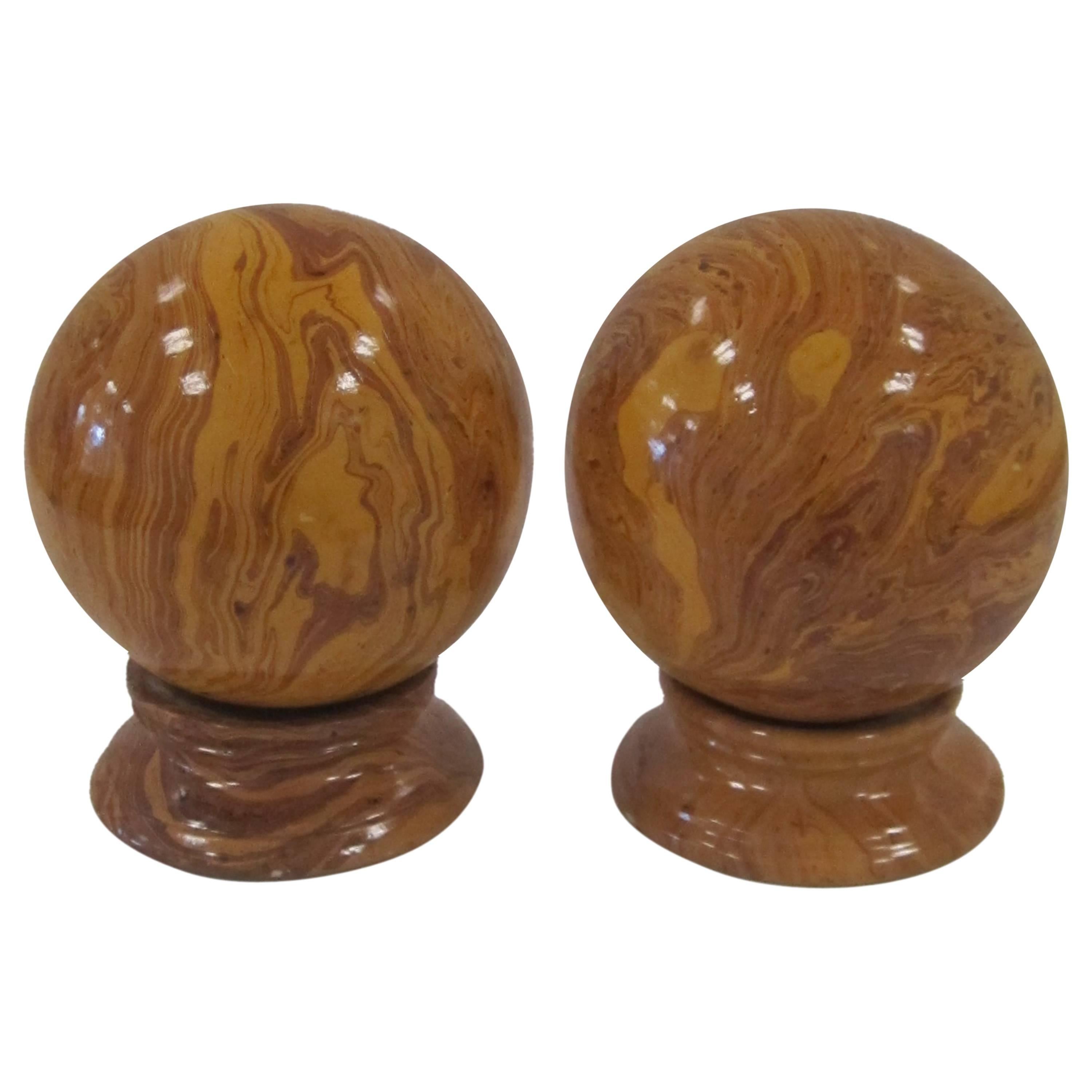 Italian Yellow Pottery Marbleized Ball Spheres Garnitures on Pedestals, Pair For Sale