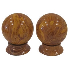 Retro Italian Yellow Pottery Marbleized Ball Spheres Garnitures on Pedestals, Pair