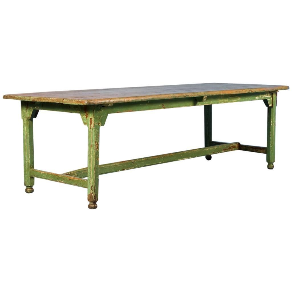 Antique Pine Harvest Table from Sweden, Original Painted Green Base, circa 1840