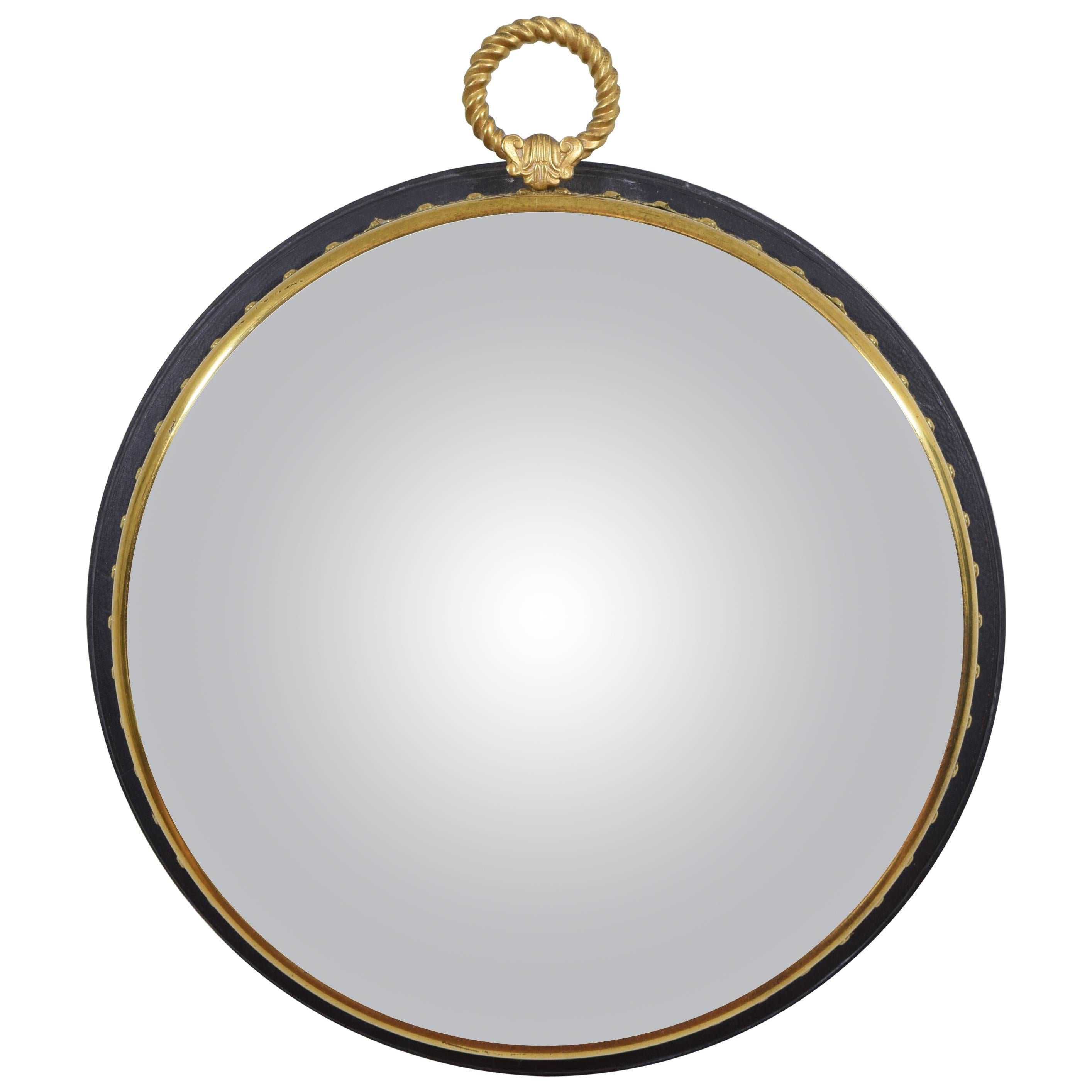 French Neoclassical Style Ebonized Wood and Brass Decorative Convex Mirror