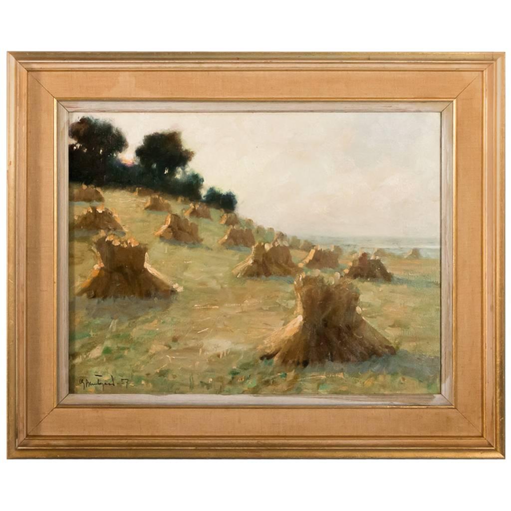 Signed Swedish Oil on Canvas Painting of Haystacks, Dated 1925