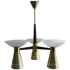 Lightolier Brass and Walnut Triple Pendant Hanging Lamp Chandelier