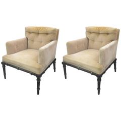 Pair of Vintage Upholstered and Ebonized Faux-Bamboo Armchairs 5
