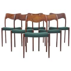 Set of Six Rosewood Model 71 Chairs by NO Møller, 1960s, Denmark