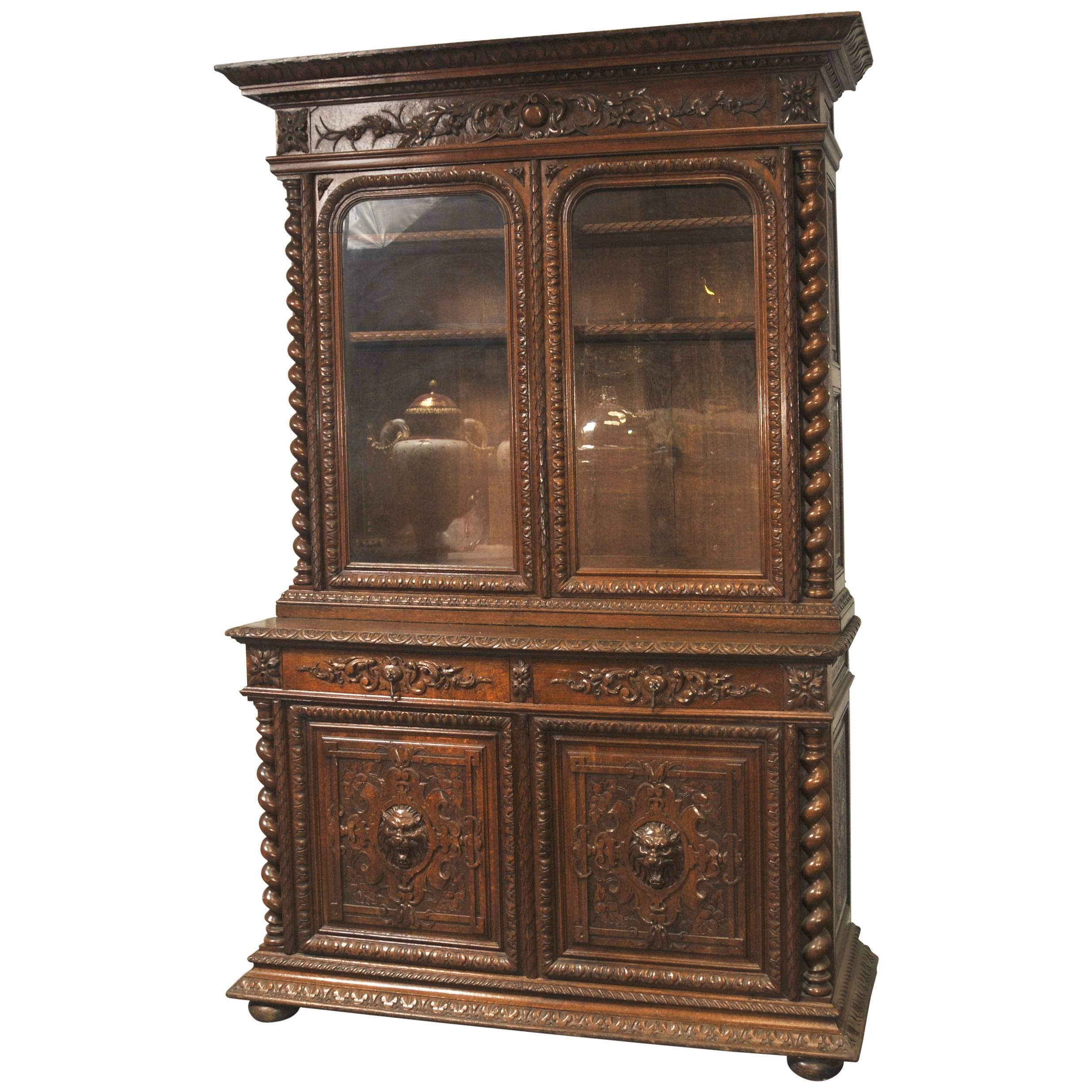 Large Antique Oak Cabinet Bookcase Farmhouse Barley Twist, 1880 For Sale