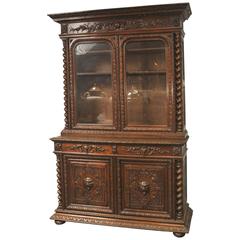 Large Antique Oak Cabinet Bookcase Farmhouse Barley Twist, 1880