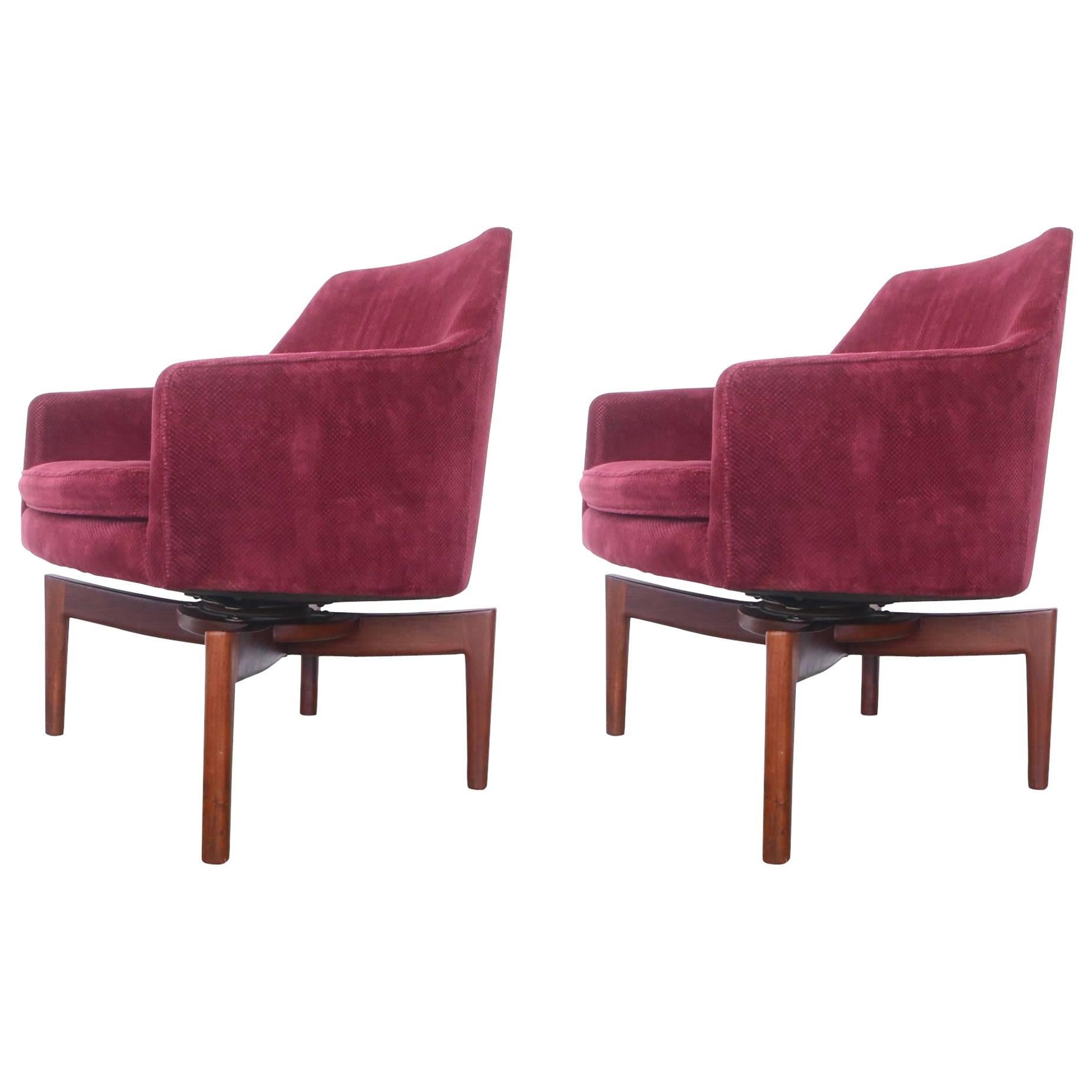 Pair of Vintage Jens Risom Walnut Swivel Lounge Chairs