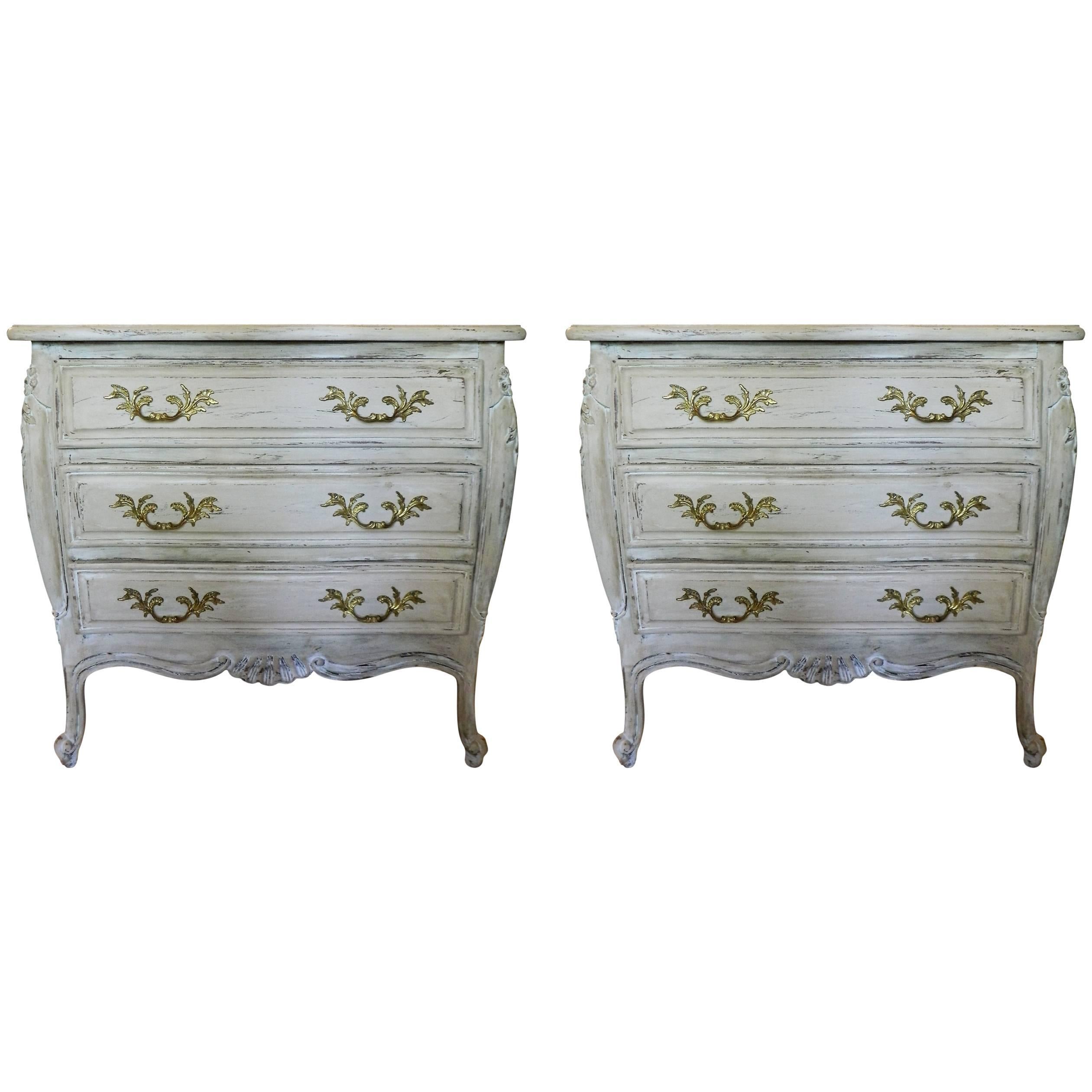 Pair of French Style Painted and Carved Bed Side Chest of Drawers, 20th Century