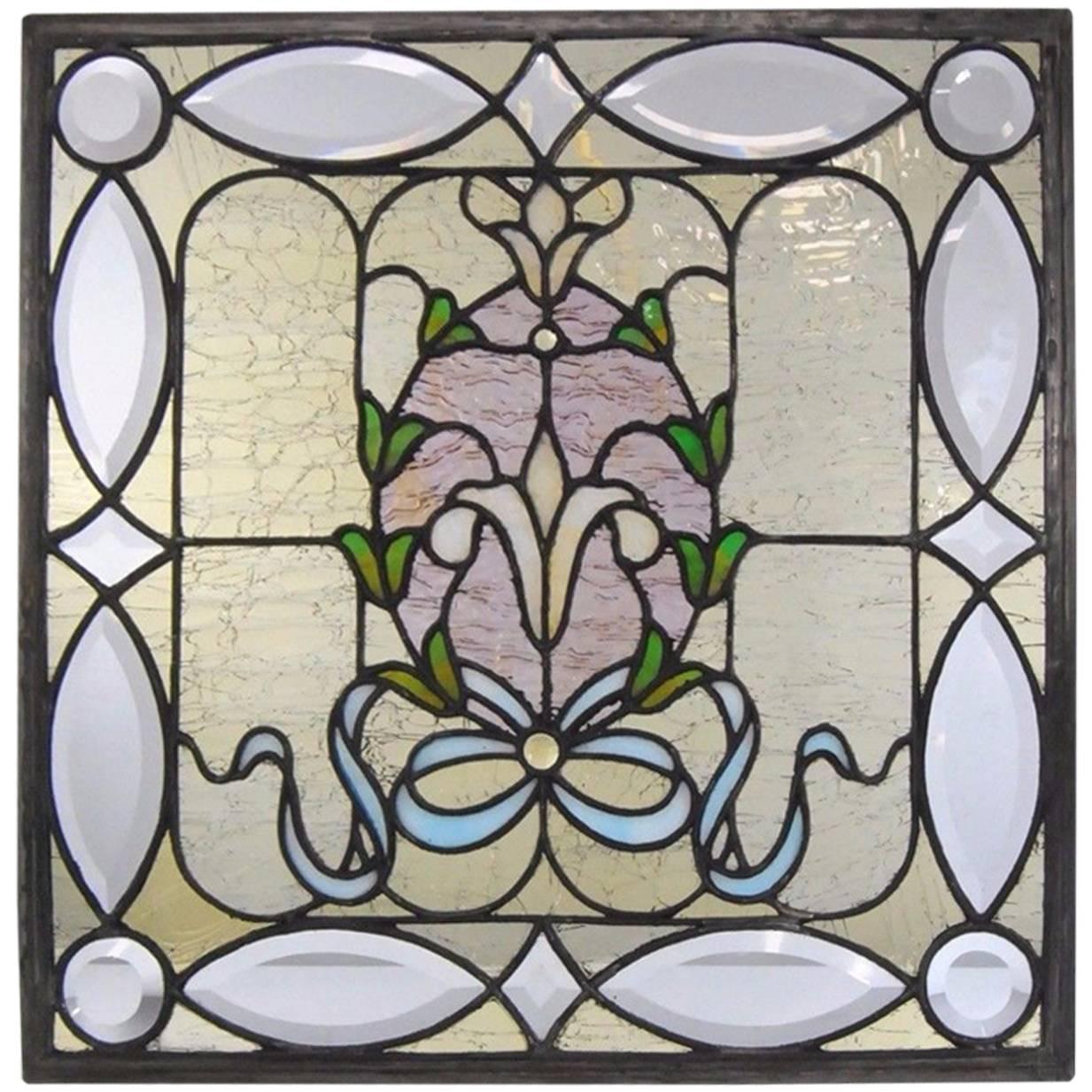 Antique Stained and Beveled Cut Window with Jewels and Tulip Design