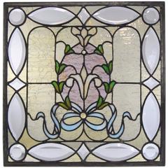 Antique Stained and Beveled Cut Window with Jewels and Tulip Design