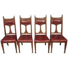 Set Four Antique Art Nouveau Dining Chairs 1890 Arts and Craft Oak Carved