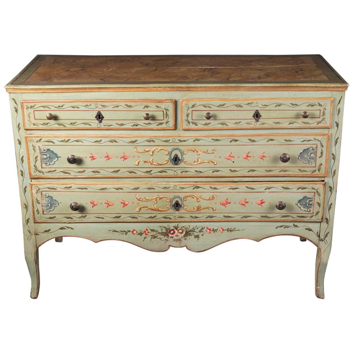 Italian Louis XV Floirate Painted Chest with Faux Marbre Top, 19th Century  For Sale