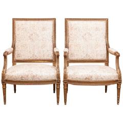 Pair of Louis XVI 19th Century Gilded Fauteuils a la Reine