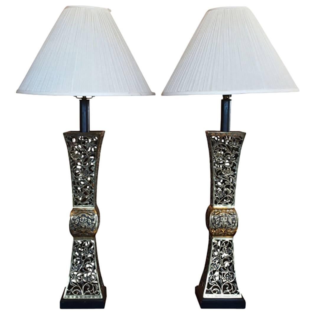 Mid-Century Pierced Brass Lamp Pair Bases in the Style of James Mont