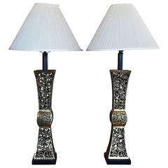 Mid-Century Pierced Brass Lamp Pair Bases in the Style of James Mont