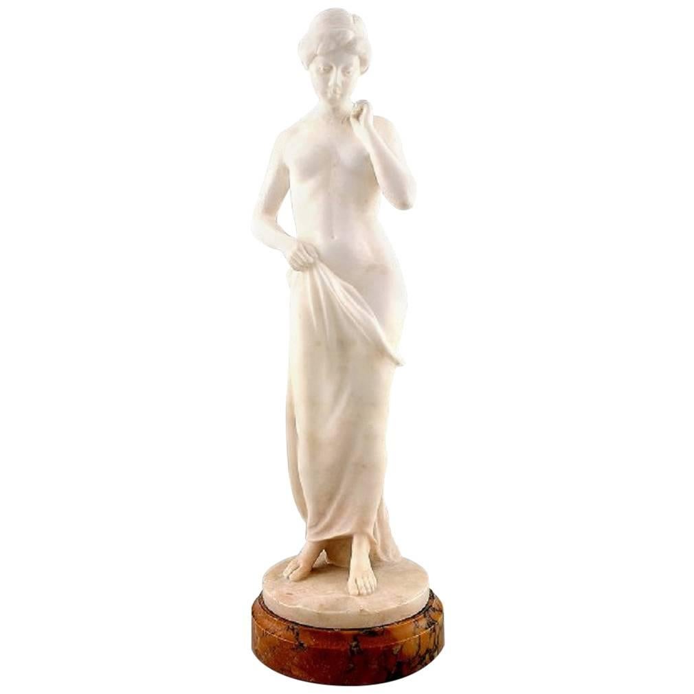 Large Figure of Naked Woman in Alabaster on Marble Base, Early 20th Century