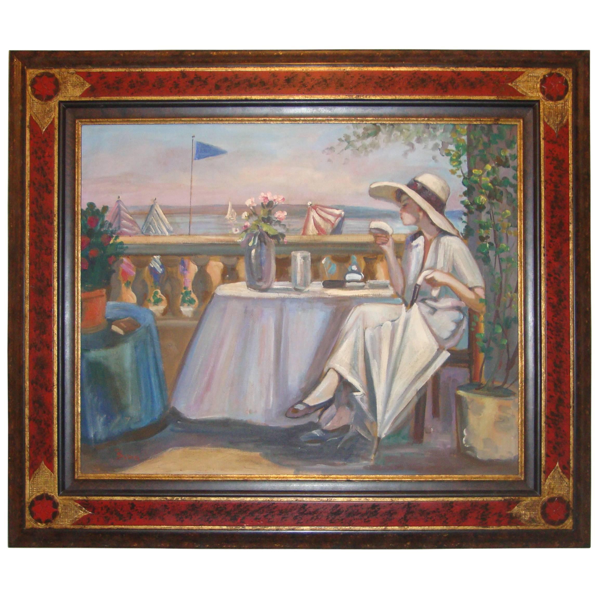 Oil On Canvas Woman by the Sea by Baton HIghly Decorative Chinoiserie Frame