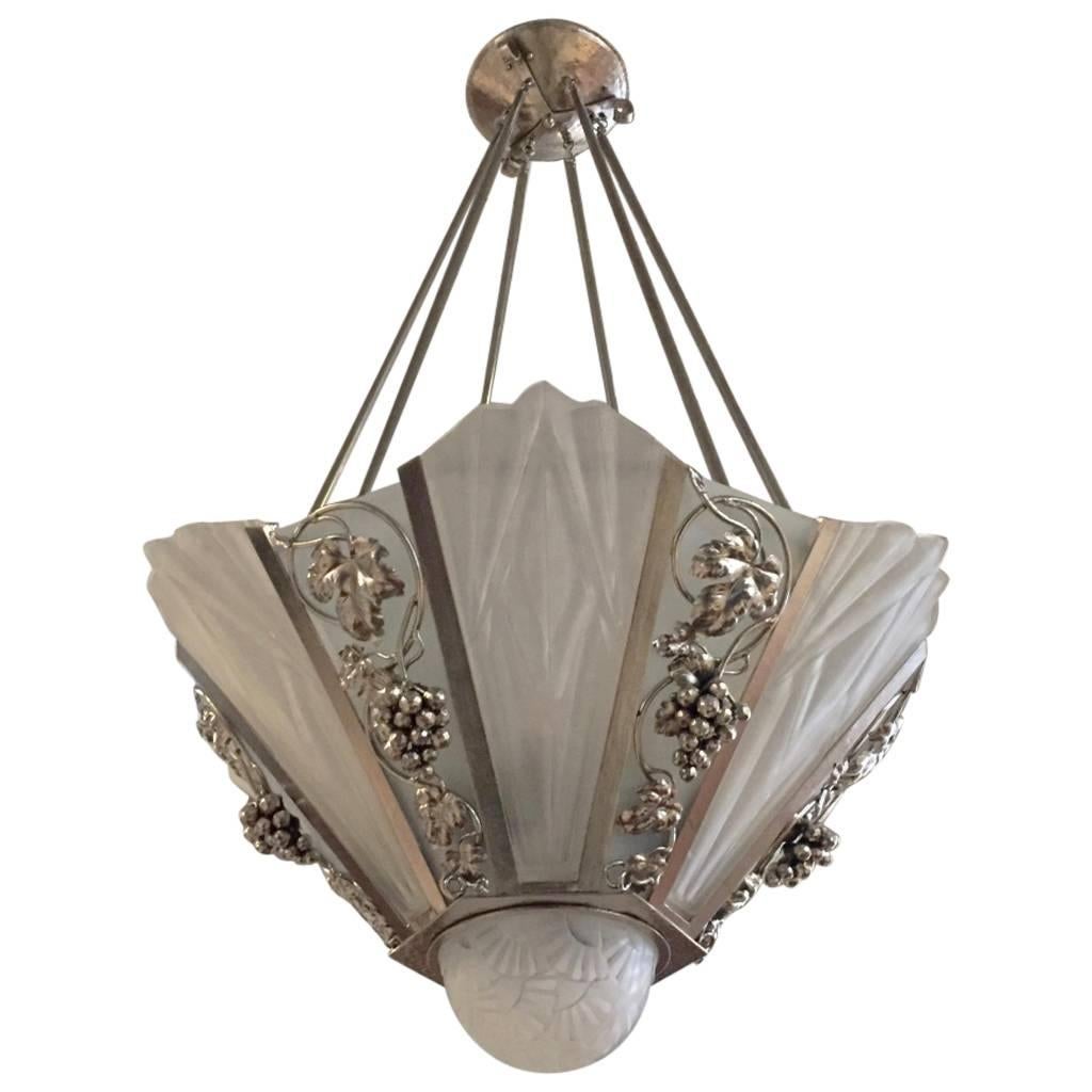 French Art Deco Geometric Chandelier Signed by Degue  For Sale