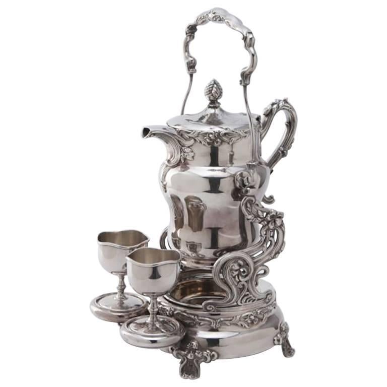 19th Century American Tilting Silver Plated Samovar with Two Goblets and Marking