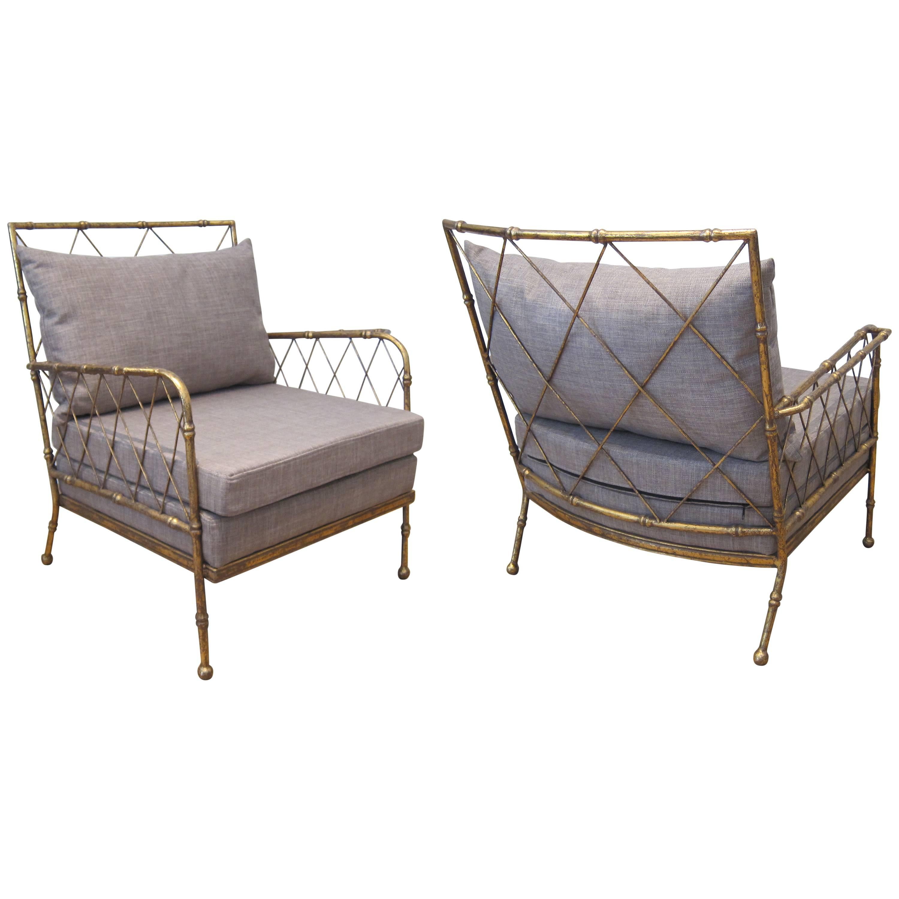 Modern French Gilt Metal Faux Bamboo Lounge Chairs