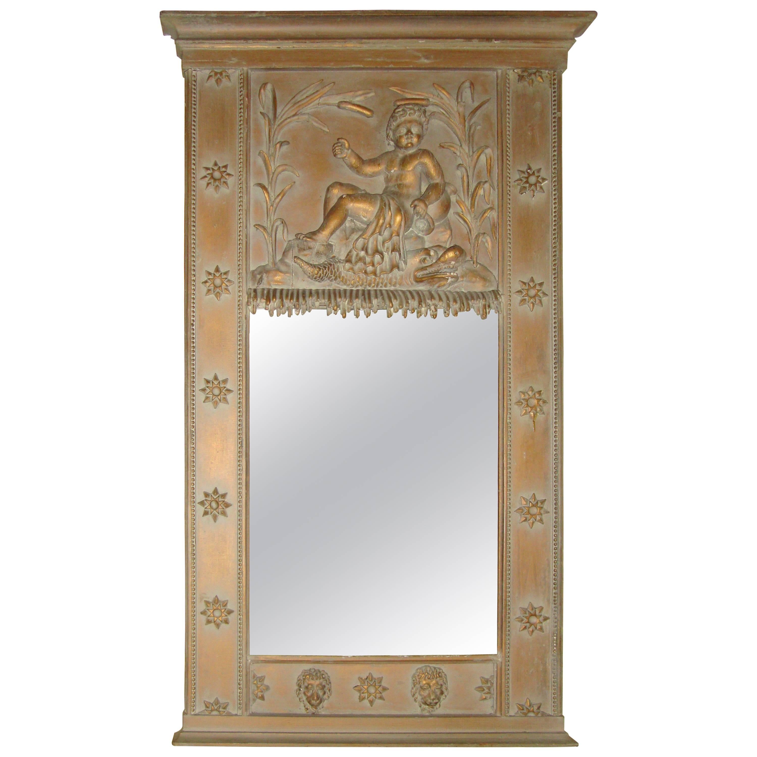 Swedish Style Wall Console Mirror Depicting a Cherub