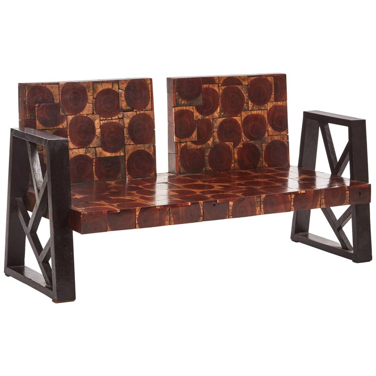 Unusual Oyster Cut Wood Block Two Seat Settee Sofa With Ebonized