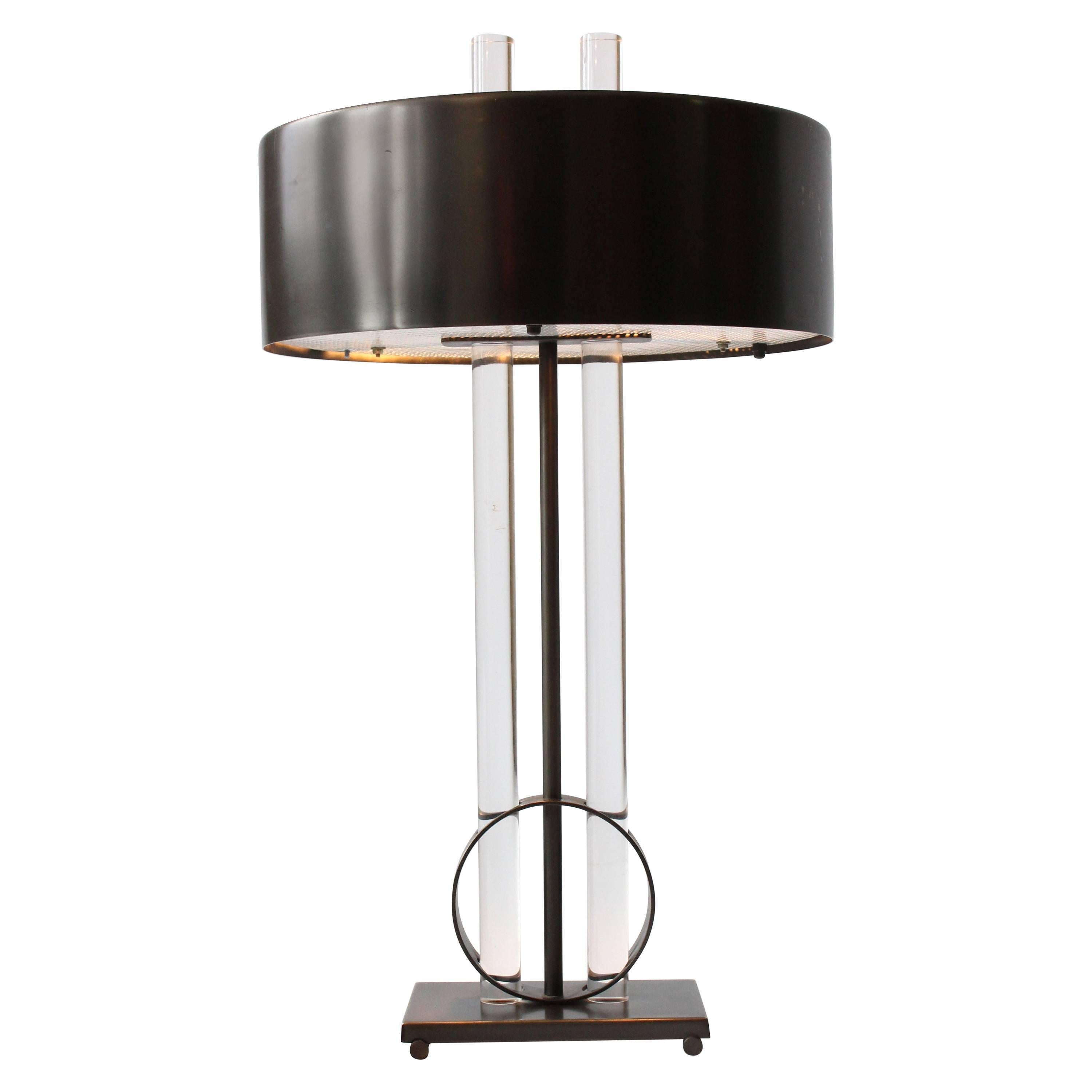 Massive Modern Lucite and Raw Steel Bouillotte Style Table Lamp, 1990s, USA