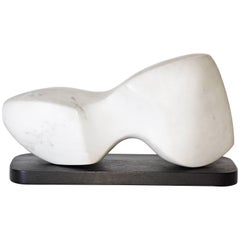 Contemporary White Veined Marble Sculpture on Black Base