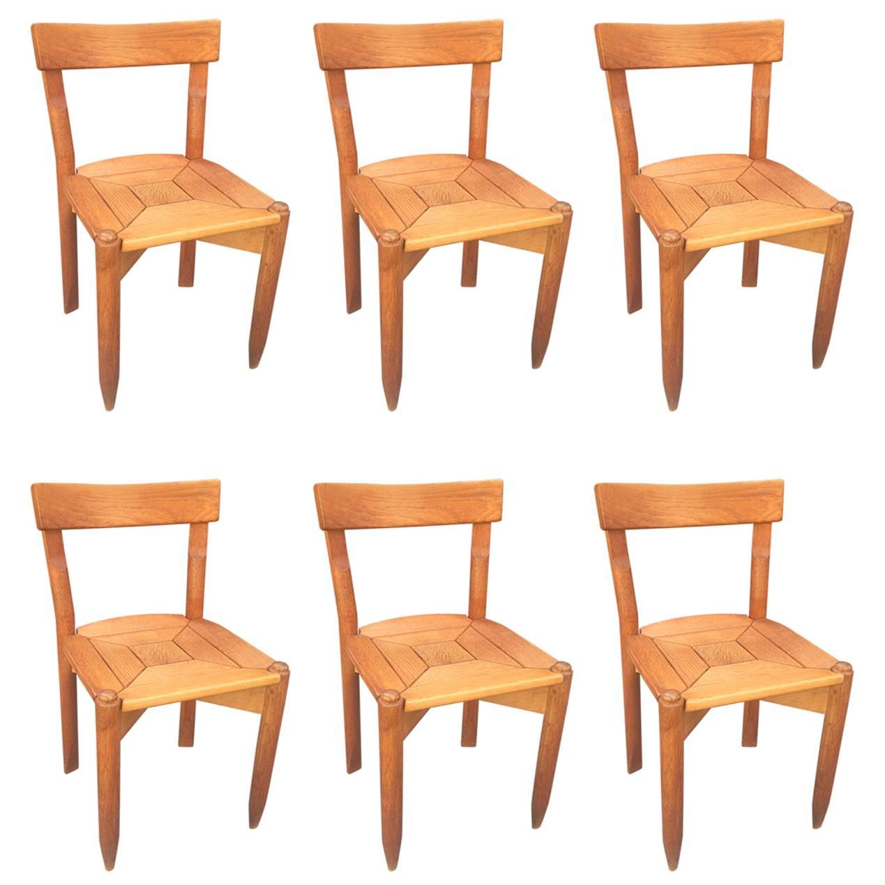 Guillerme & Chambron, Set of Six Oak Chairs, Edition Votre Maison