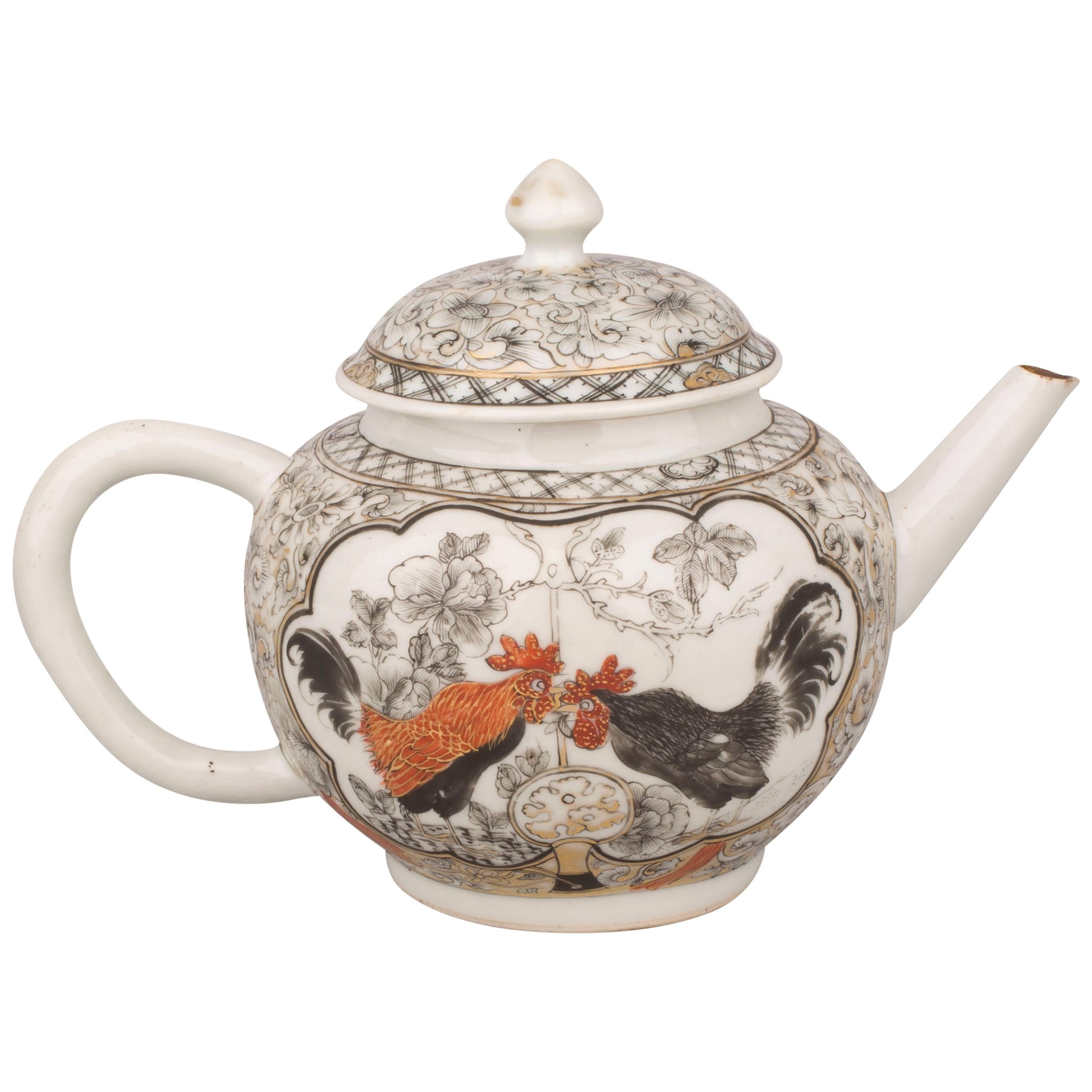 Chinese Export Porcelain Grisaille and Gilt Teapot with Chickens, 18th Century