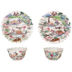 Pair of Chinese Porcelain Cups and Saucers with Fishing Scenes, 18th Century
